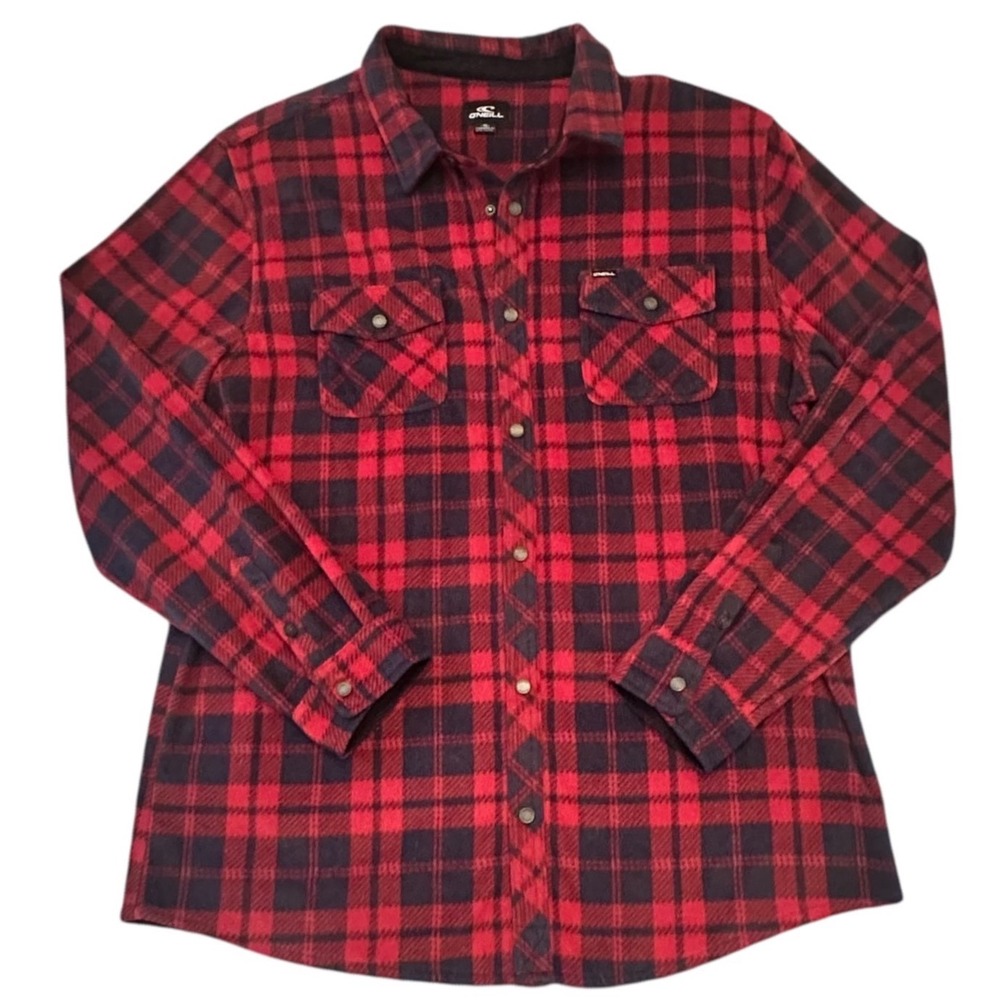 O'Neill Flannel Shirt Men XL Red Navy Excellent Plaid Lumberjack Snap Outdoor